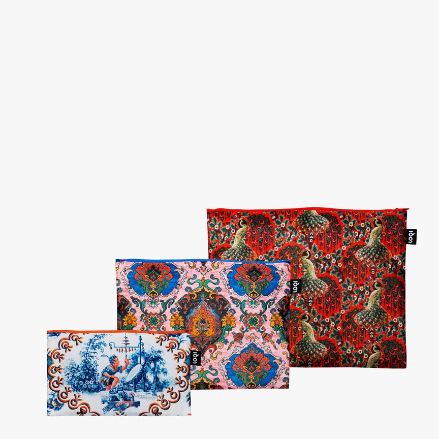Set 3 pochette con cerniera riciclata Pavone, Toile de Jouy